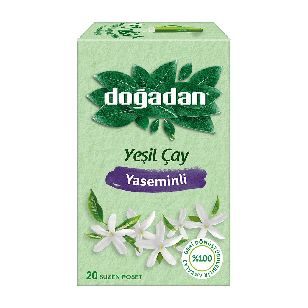 Box of Doğadan Green Tea with Jasmine, containing 20 tea bags, packaging features green color and jasmine flowers.