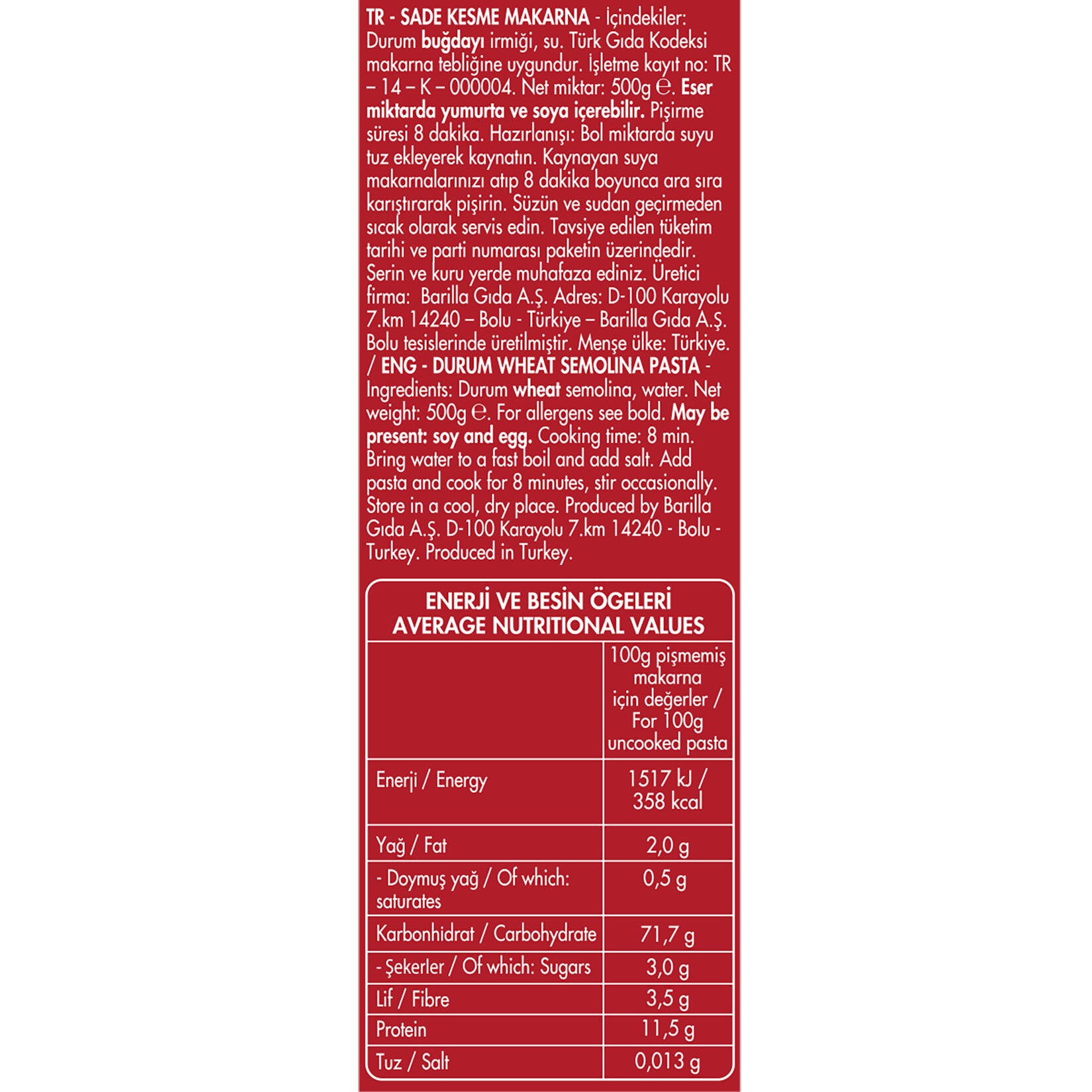 Filiz Penne Pasta - 500g - Filiz Kalem Makarna