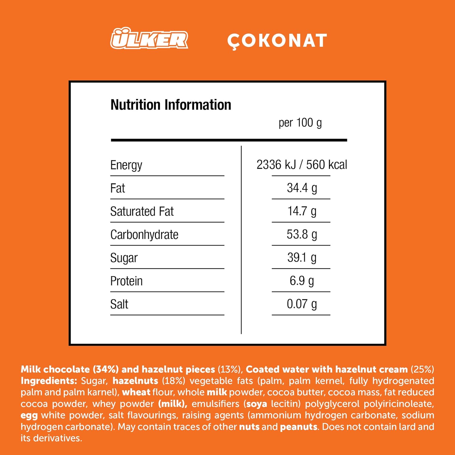 Ulker Cokonat Milk Chocolate & Hazelnut Pieces 30g - Ülker Çokonat Sütlü Çikolatalı ve Fındık Parçacıklı Gofret