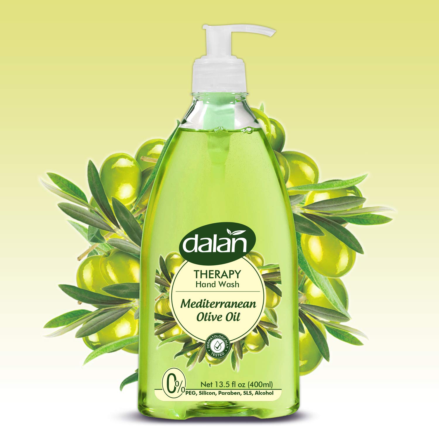 A clear plastic bottle of Dalan Therapy Hand Wash in Mediterranean Olive Oil scent, with a pump dispenser, surrounded by green olive fruit images.