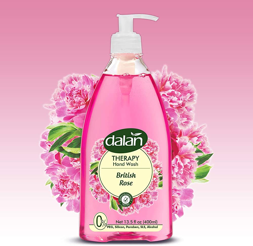A pink bottle of Dalan Therapy Liquid Hand Soap with a pump dispenser, labeled as 'British Rose' and indicating vitamins A, E, and B5 as ingredients.