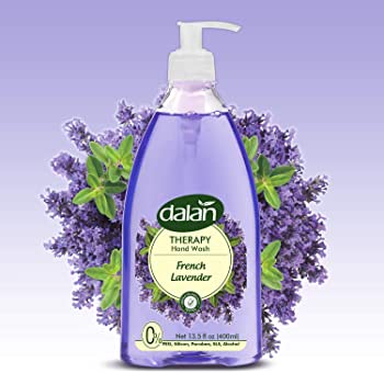 A bottle of Dalan Therapy Liquid Hand Soap with French Lavender fragrance, 400ml size, displayed with lavender flowers in the background.