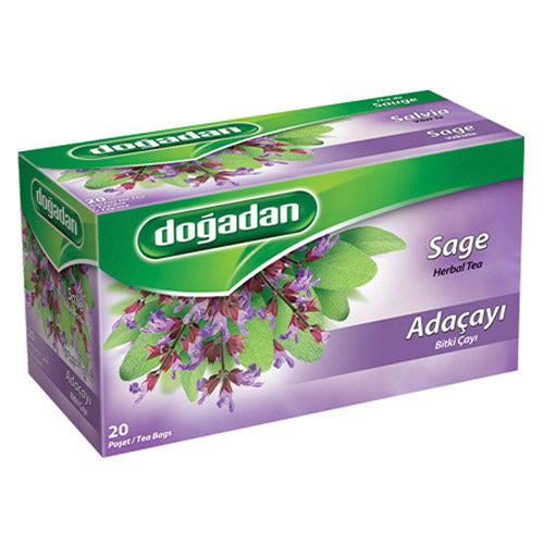Box of Doğadan Sage Herbal Infusion Tea with 20 bags, featuring green and purple packaging and an image of sage leaves.