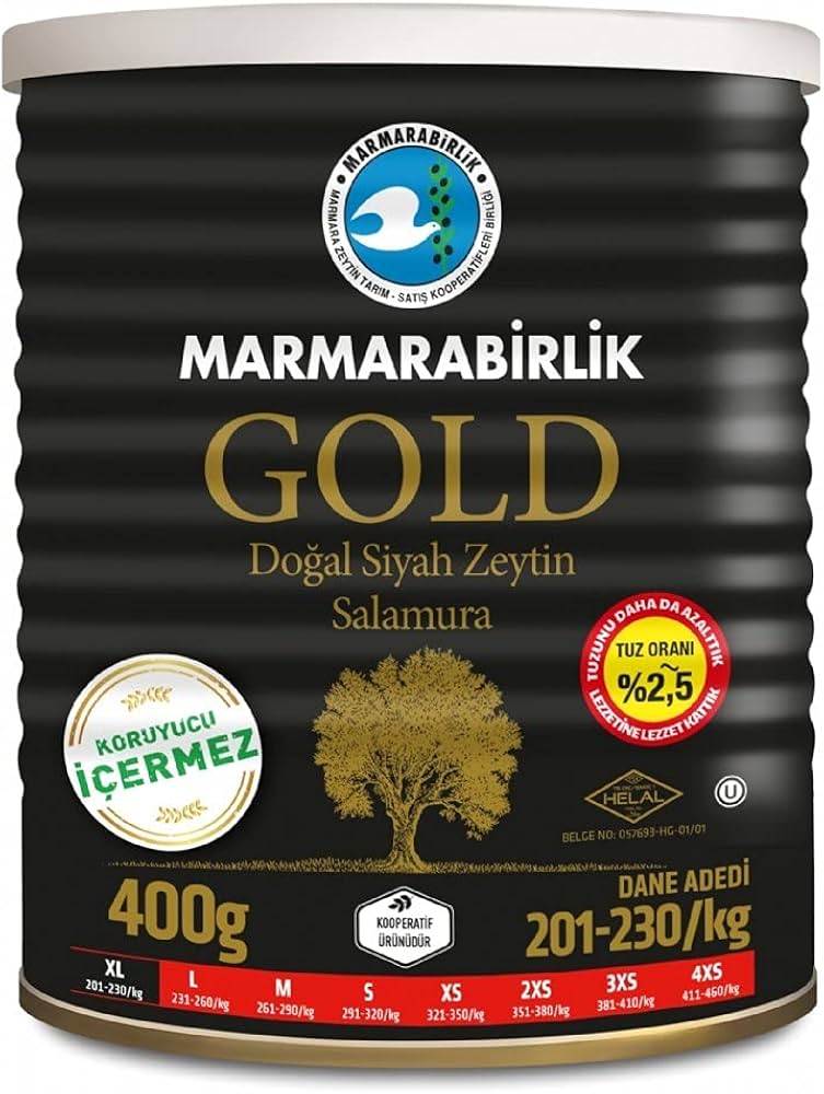 Marmarabirlik 400g GOLD (XL) 2.5% Low Salt Black Olives in Tin