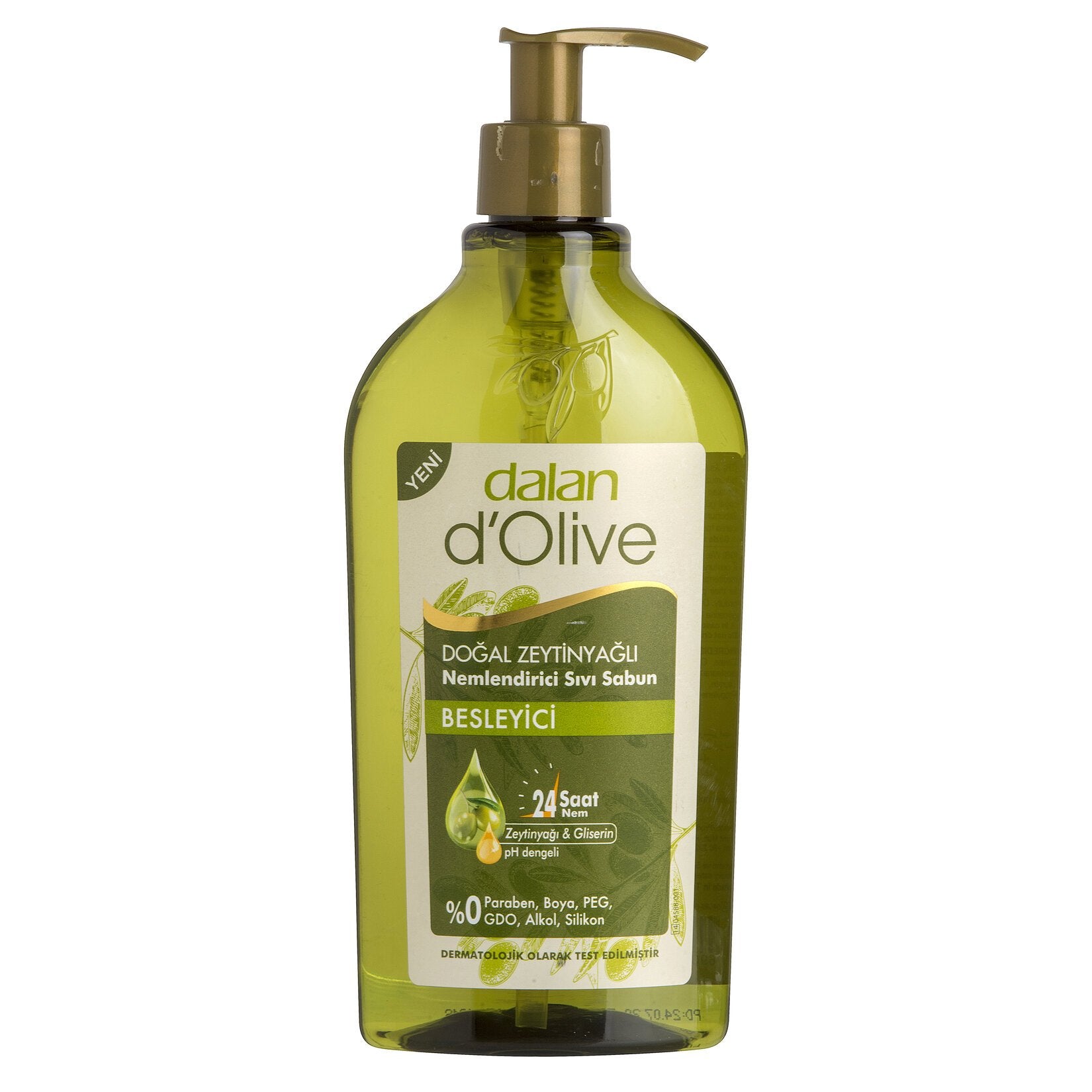 A clear pump bottle of Dalan D'Olive Nourishing Liquid Soap with green liquid visible inside.
