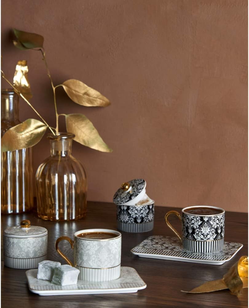 Karaca Queen Black 2 Person Espresso & Turkish Coffee Cup Set With Decorative Plate