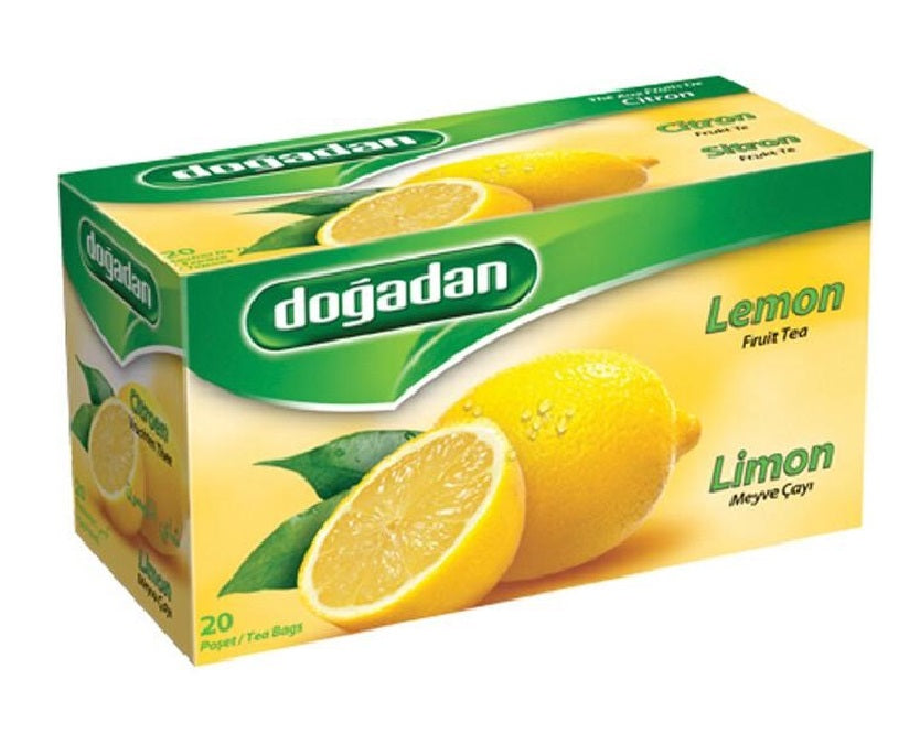 Box of Doğadan Lemon Fruit Tea with 20 individually wrapped tea bags, featuring an image of fresh lemons and green tea leaves.