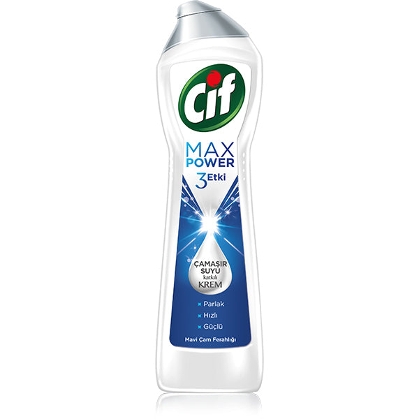 A bottle of Cif Cream Max Power Blue Pine Cleaner with a white and blue label, indicating it is a 450ml multi-surface cleaner.