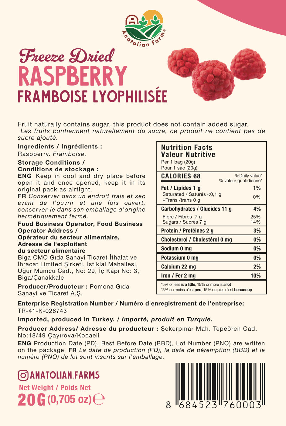Back of a food package with nutritional information and branding