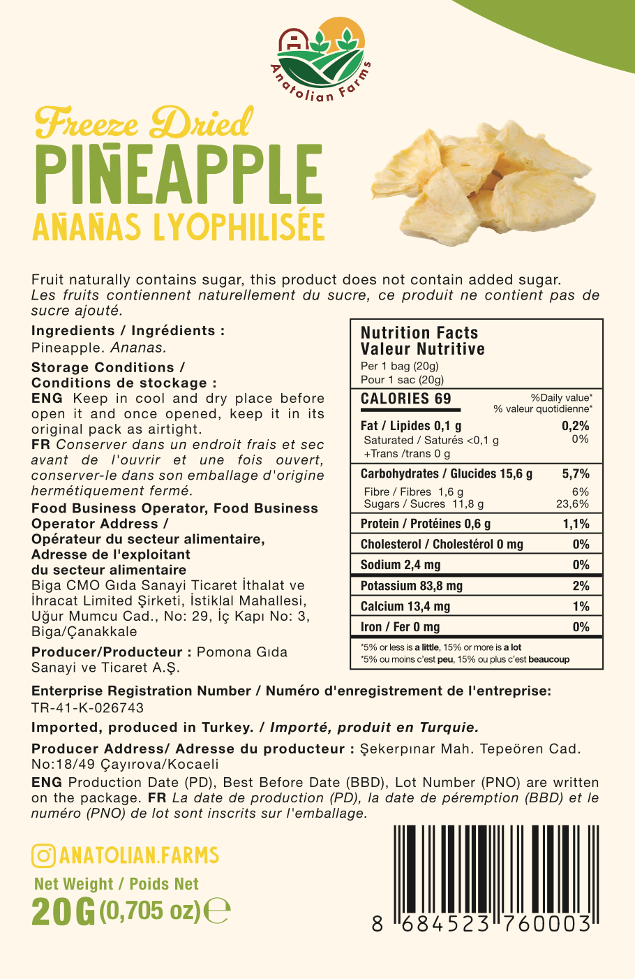 Back of a product packaging with text and a logo, featuring a pineapple illustration.