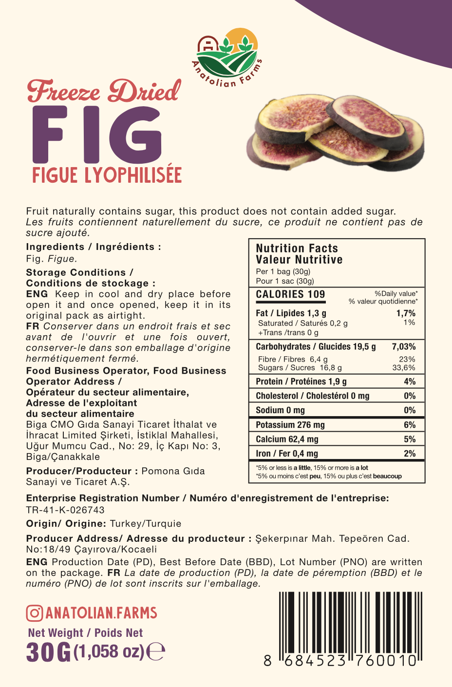 Back of a fig package with nutritional information and branding
