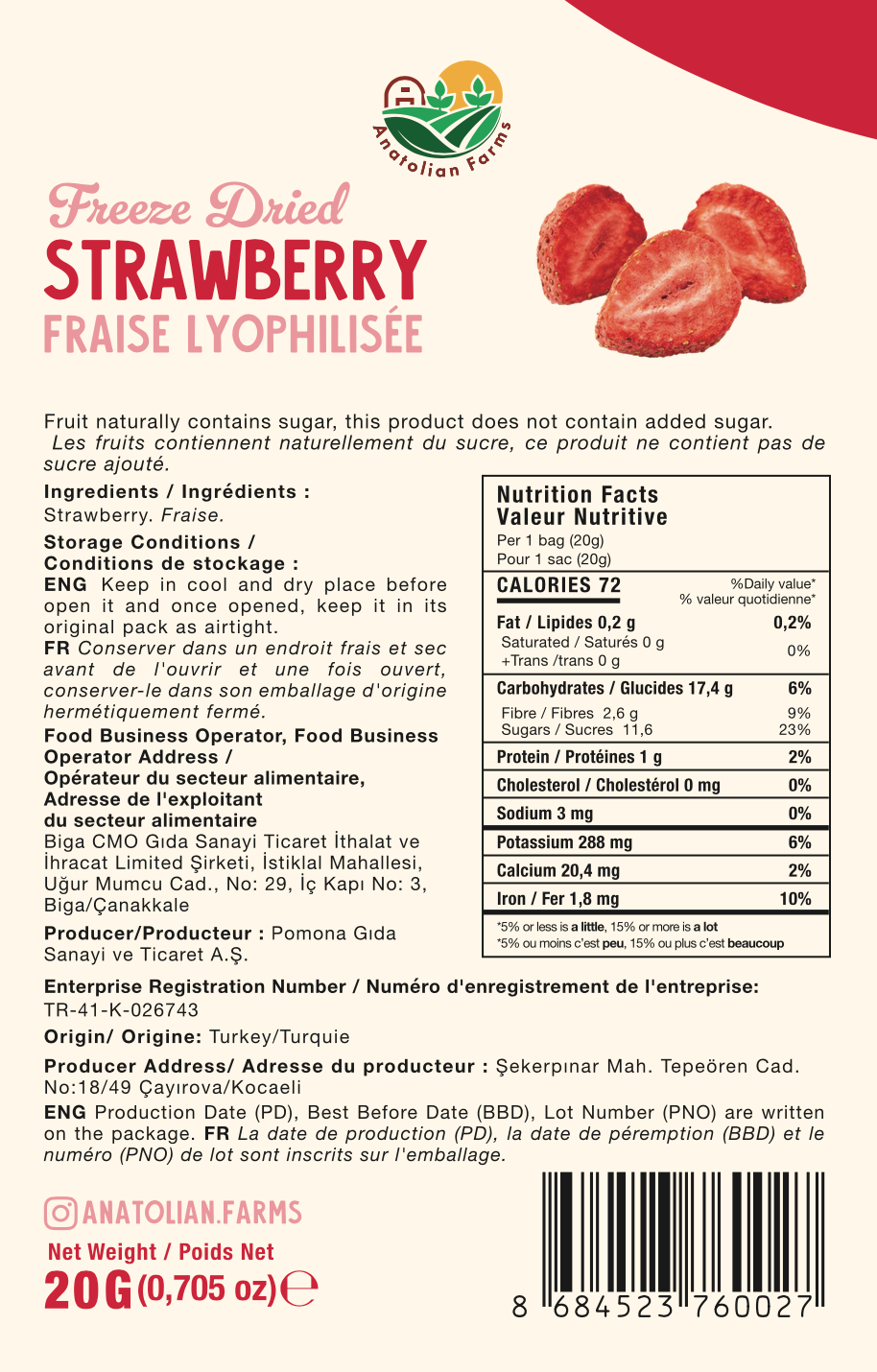 Back of a Starberry Freeze strawberry fruit bar packaging with nutritional information and ingredients.