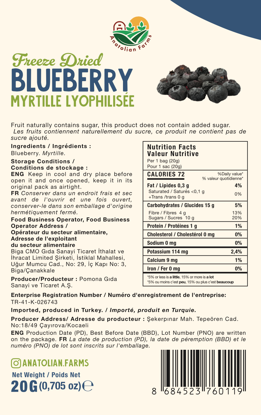 Back of a blueberry package with nutritional information and brand logo.
