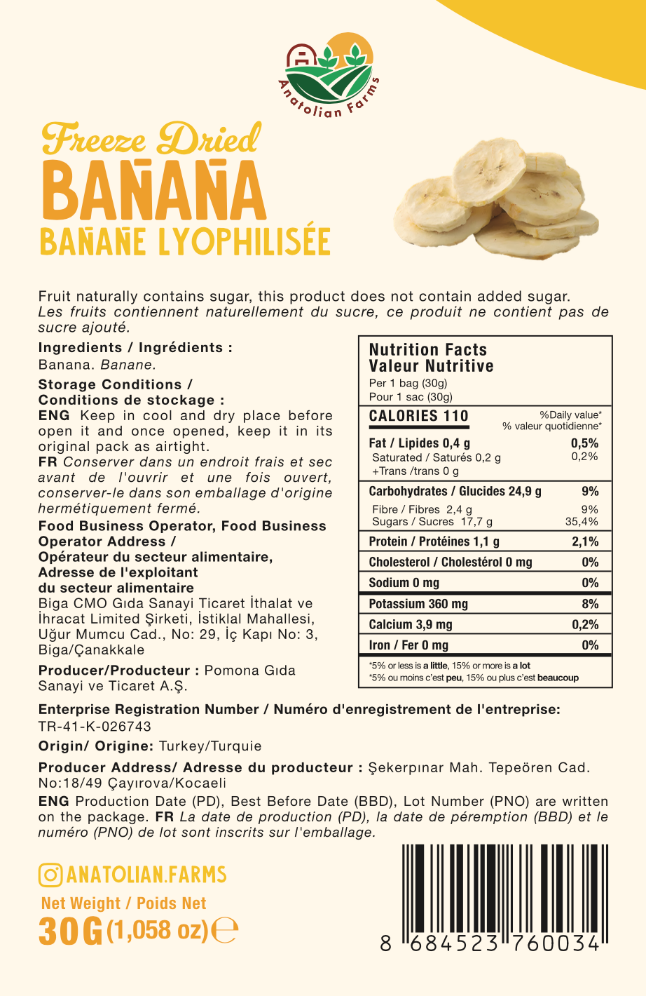 Back of a banana product packaging with nutritional information and branding.