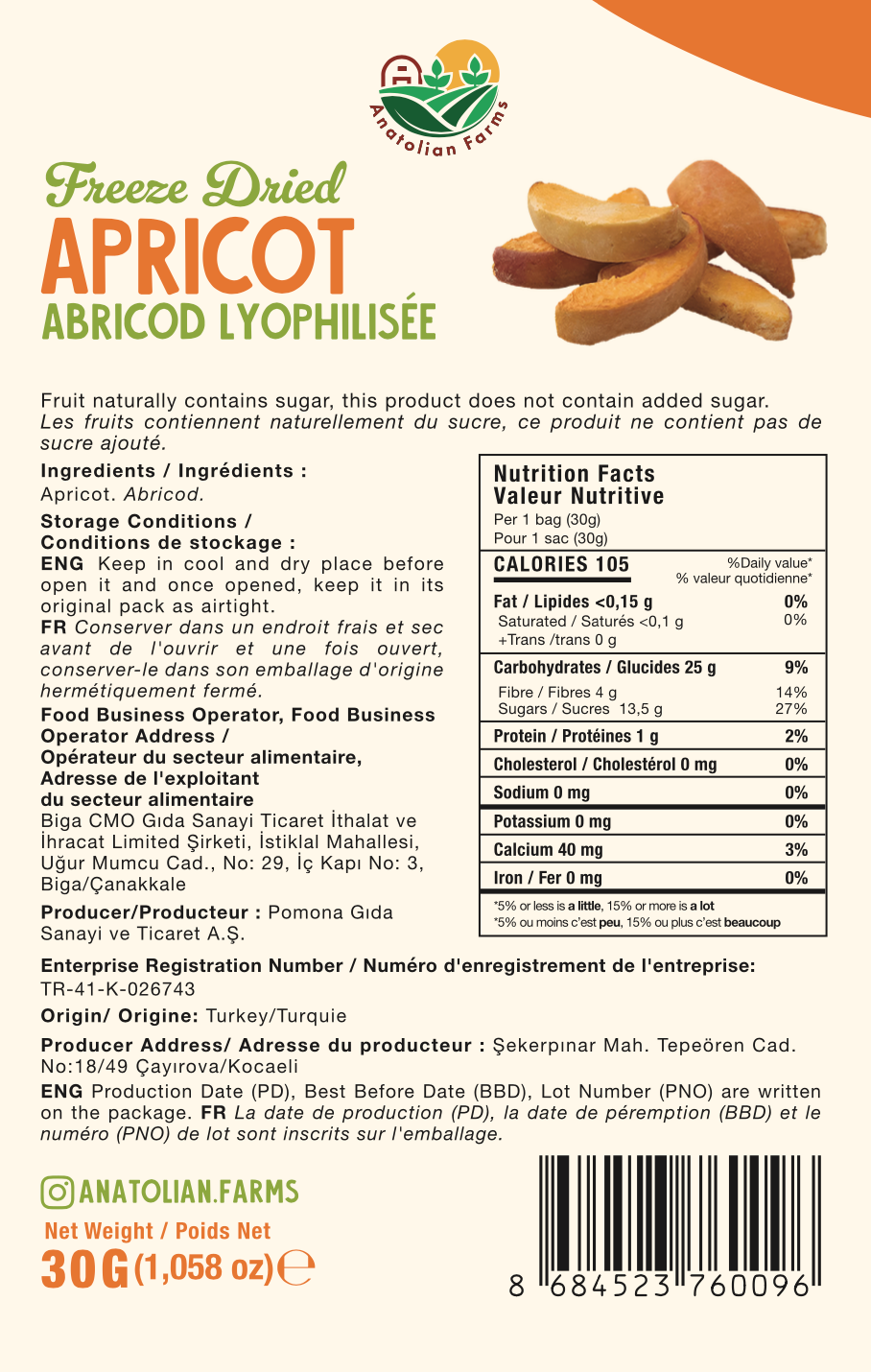 Anatolian Farms Freeze Dried Apricot 30g