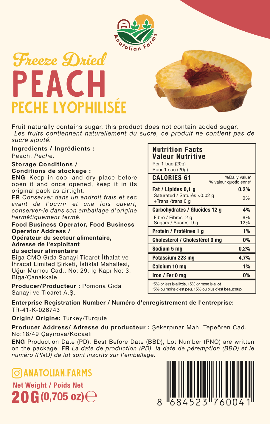 Anatolian Farms Freeze Dried Peach 20g