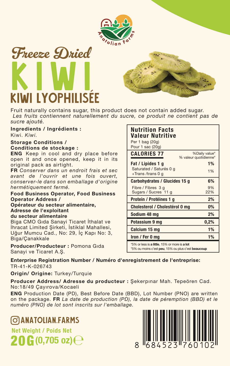 Anatolian Farms Freeze Dried Kiwi 20g