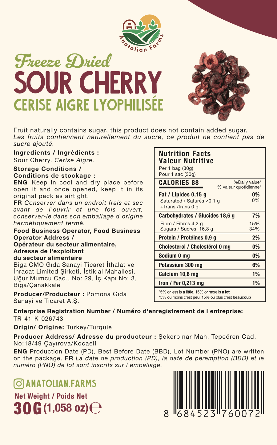 Anatolian Farms Freeze Dried Sour Cherry 30g