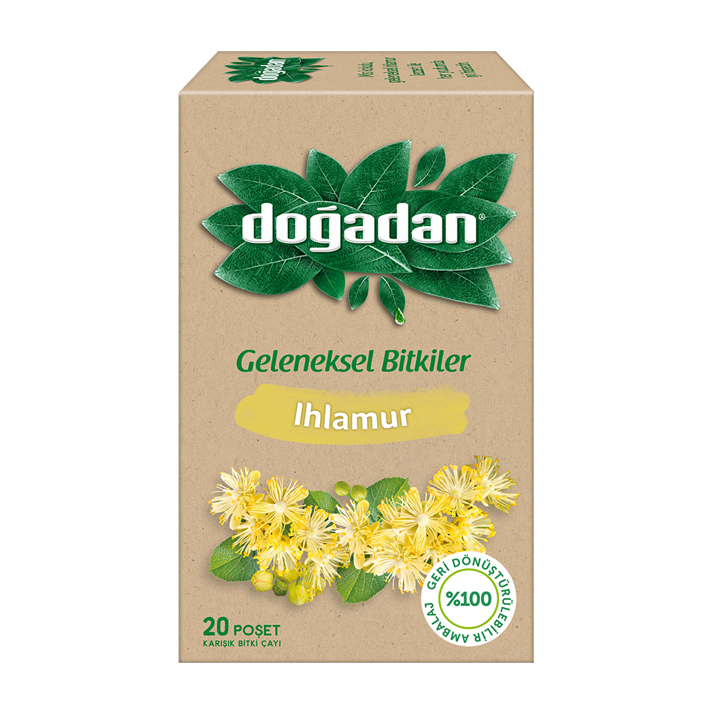 Box of Doğadan Linden Tea with 20 tea bags, featuring images of linden blossoms and leaves, and the product branding.