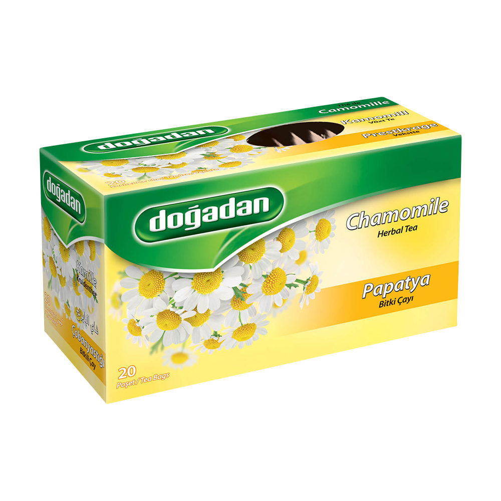Box of Doğadan Chamomile Herbal Infusion Tea with chamomile flower imagery and text indicating 20 bags inside.