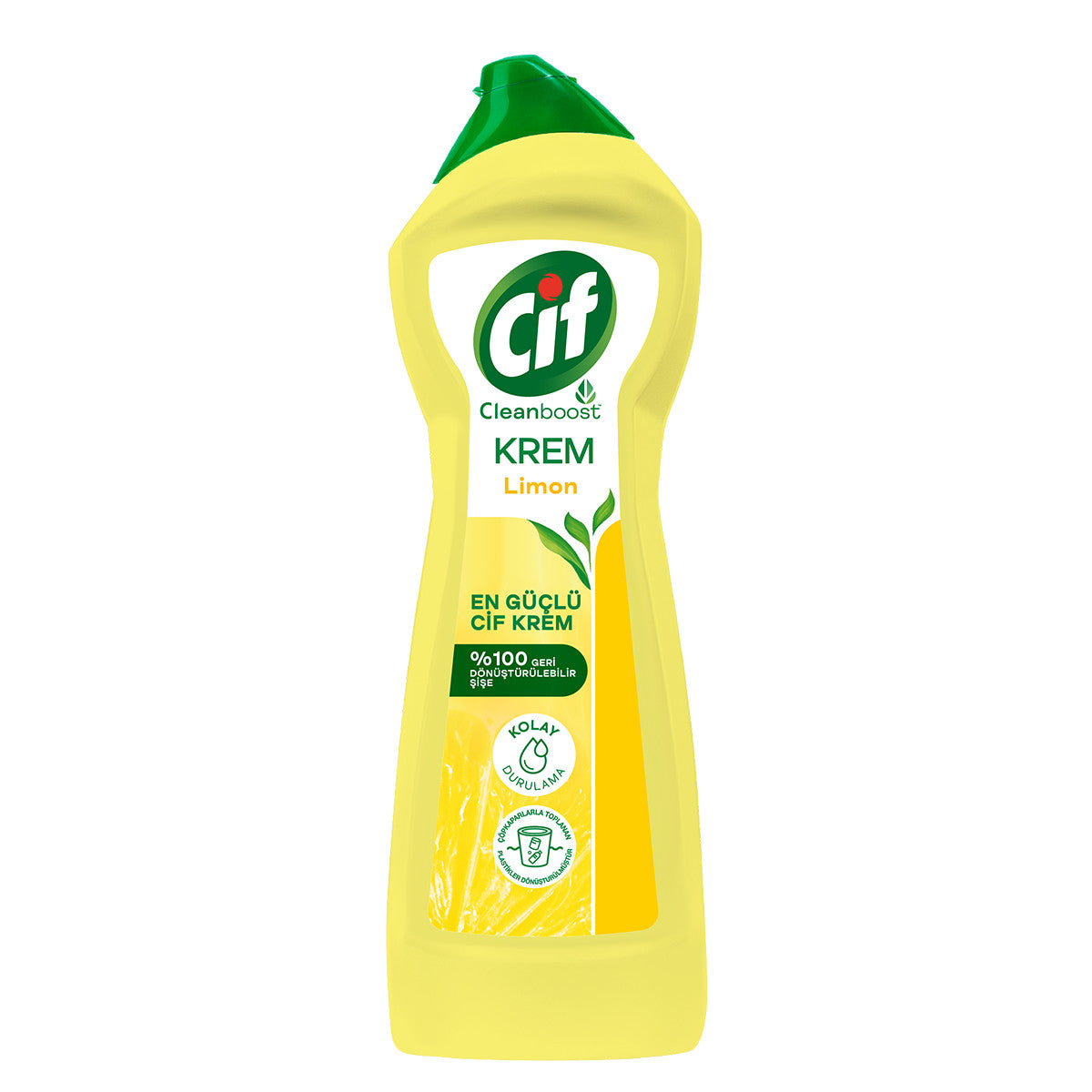 A yellow bottle of Cif Lemon Scented Cream Cleaner with a green cap. The label includes the brand logo and the scent 'Lemon' indicated at the top.