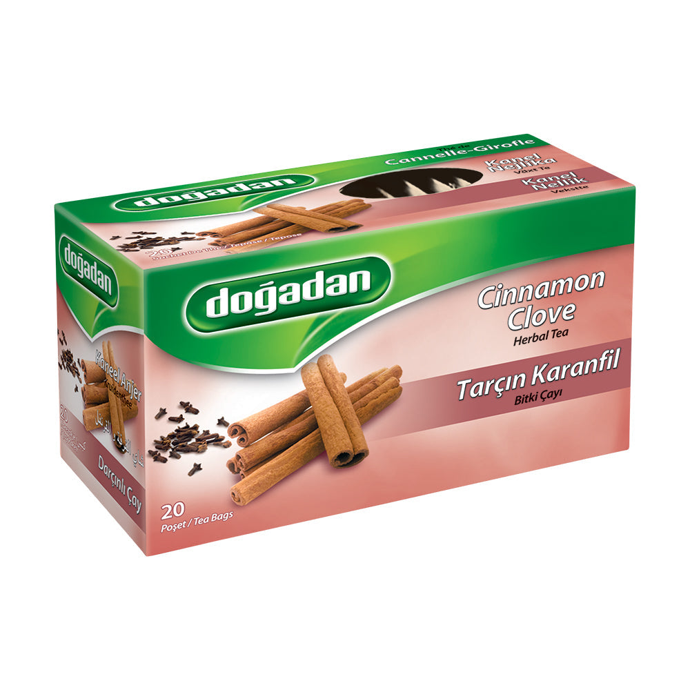 Box of Doğadan Cinnamon Clove Herbal Tea with 20 individually wrapped tea bags, featuring images of cinnamon sticks and clove buds.