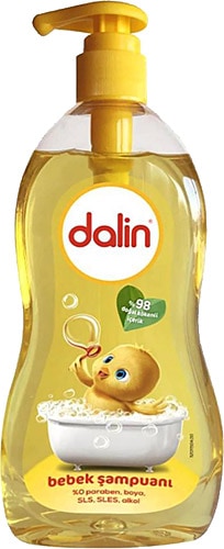 A plastic bottle of Dalin Baby Shampoo with a yellow label and a cartoon image of a baby on it. The bottle has a pump dispenser and is marked as tear-free with 98% natural ingredients.