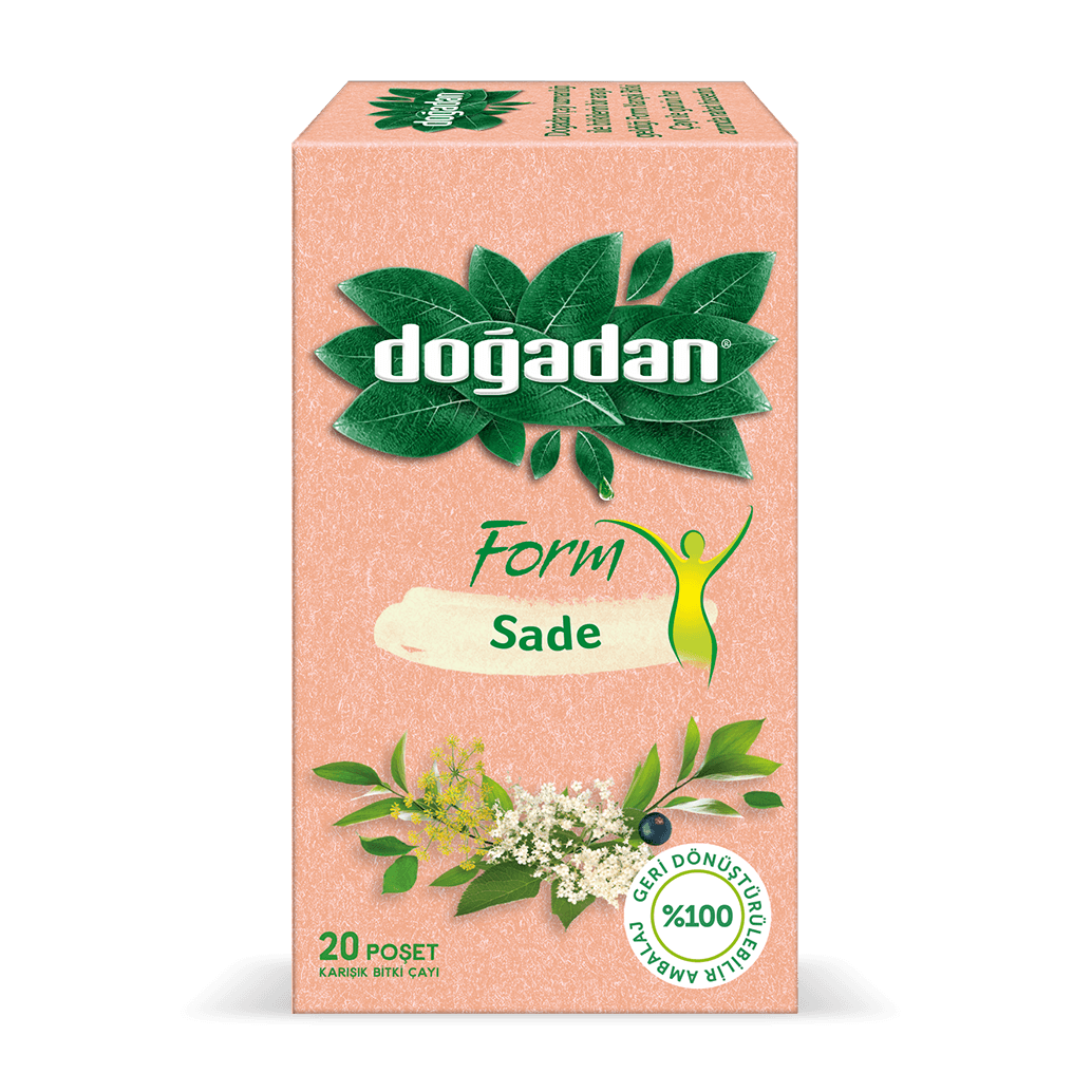 Box of Doğadan Form Green Tea with 20 tea bags, predominantly green and white packaging with leaves and branding visible.
