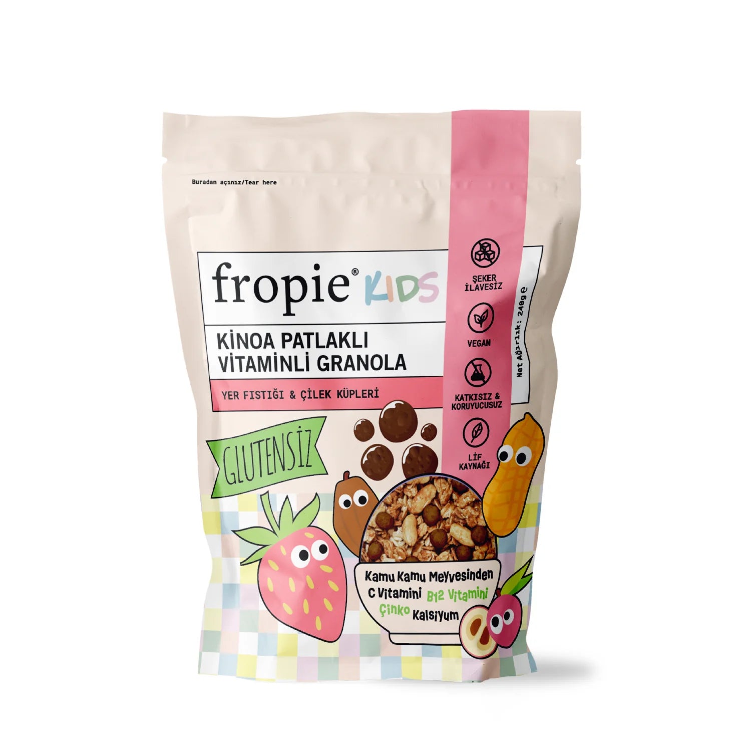 Fropie Kids Vitamin Granola 240g with Quinoa Pops - Peanut - Strawberry