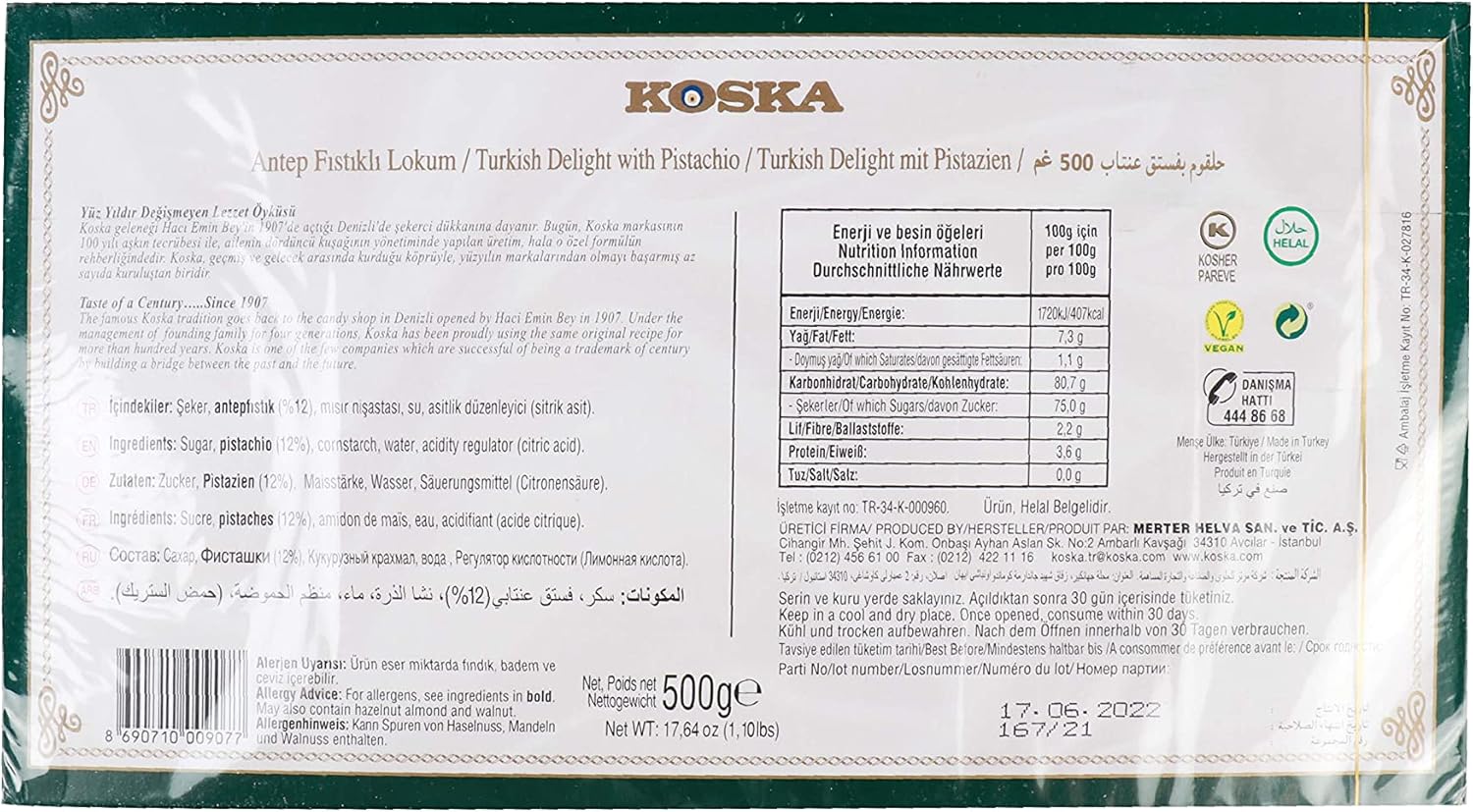 Koska Pistachio Turkish Delight 500g (Vegan & Halal)