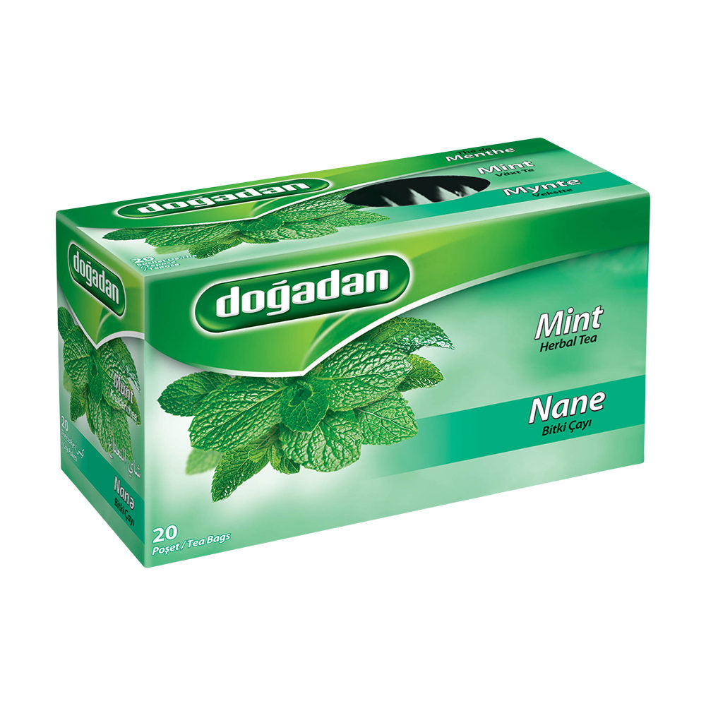 A box of Doğadan Mint Tea with 20 bags, featuring green packaging and peppermint leaves.