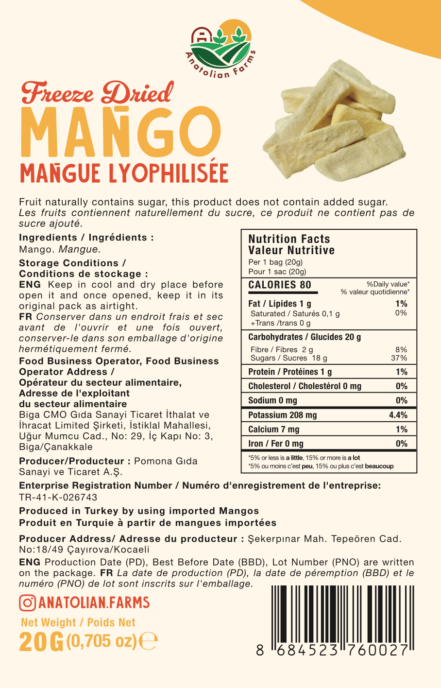 Anatolian Farms Freeze Dried Mango 20g