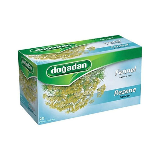 Box of Dogadan Fennel Herbal Tea with 20 bags, predominantly green and white packaging with an image of fennel seeds.